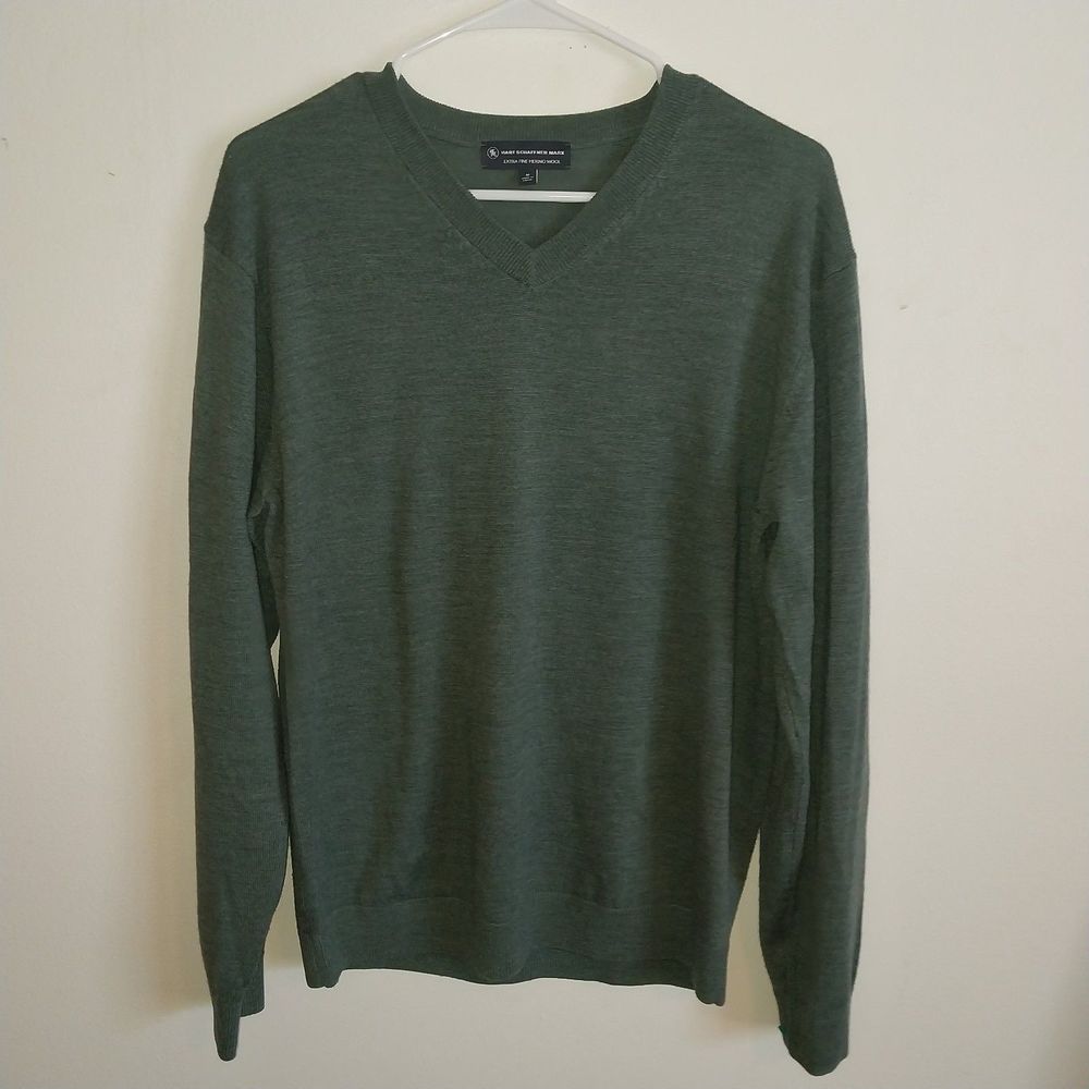Hart Schaffner Marx Extra Fine Merino Wool Men's Medium V Neck Olive Green